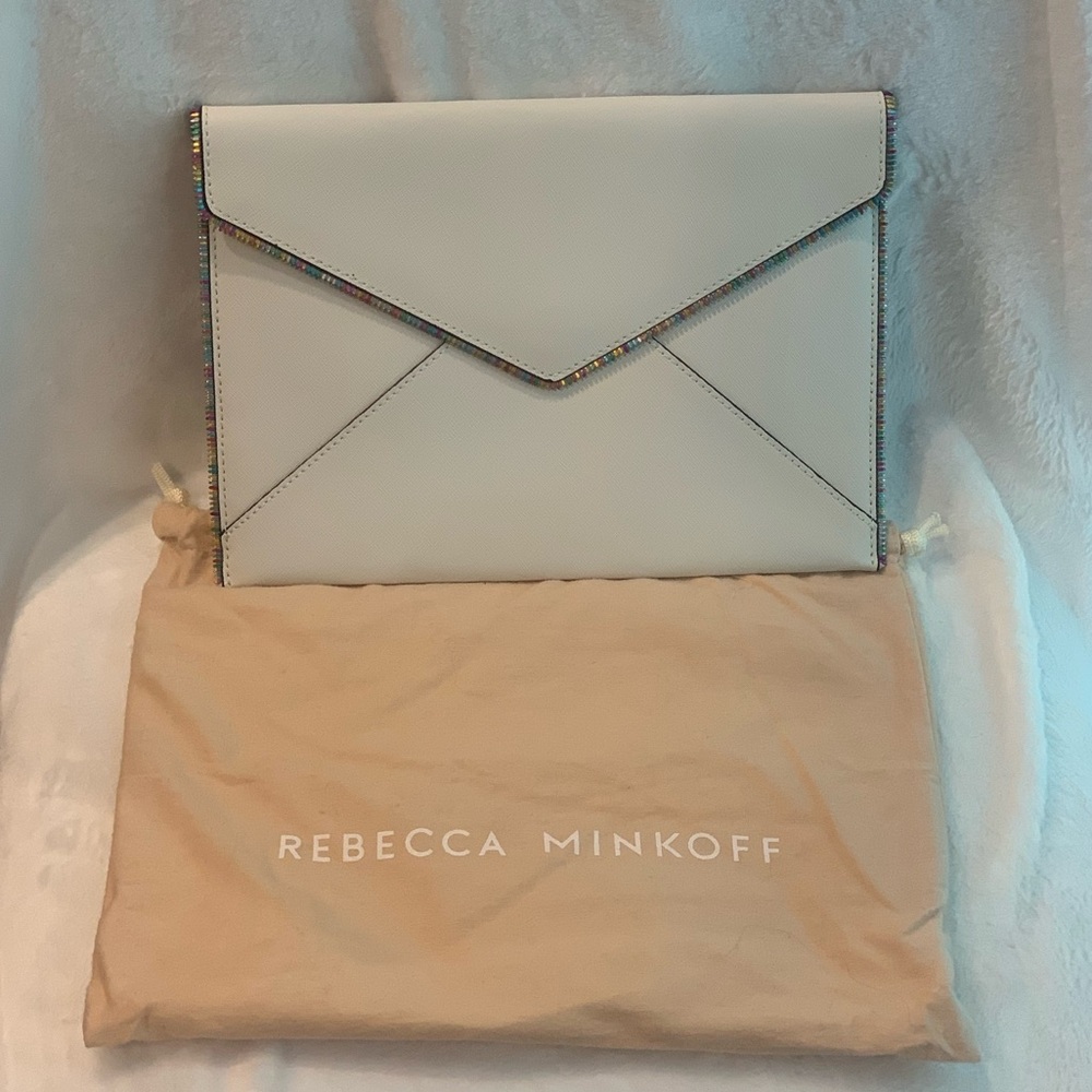 Rebecca Minkoff White Leather with colorful zipper detail Leo Clutch w/Dust Bag!